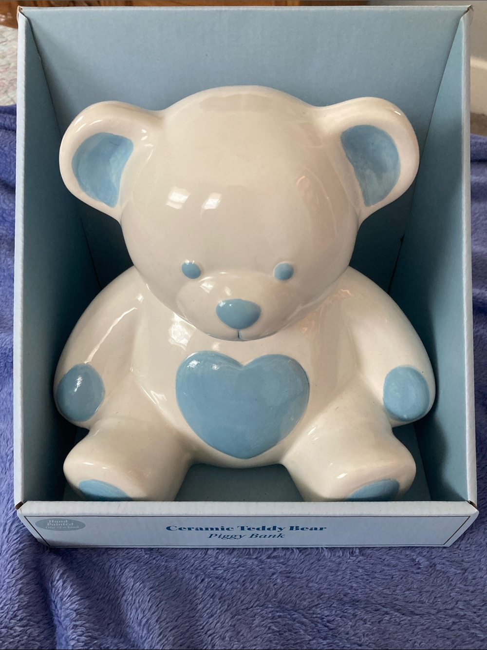 Ceramic Teddy Bear Piggy Bank with Light Blue Accents